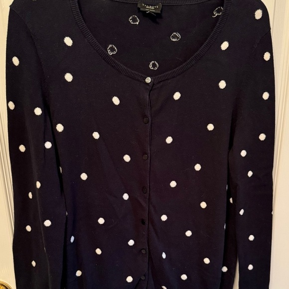 Talbots Pima Cotton Cardigan Sweater Black White Polka Dots Button Up - Picture 1 of 6